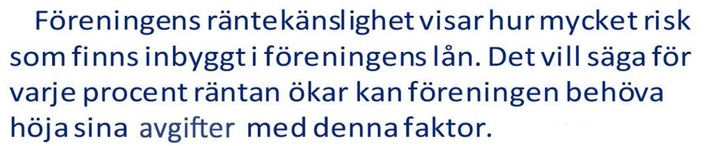 VÅR EKONOMI - NYCKELTAL Med en räntekänslighet på 4 bör vi öka avgifterna med 4% om räntan ökar med 1 %.
