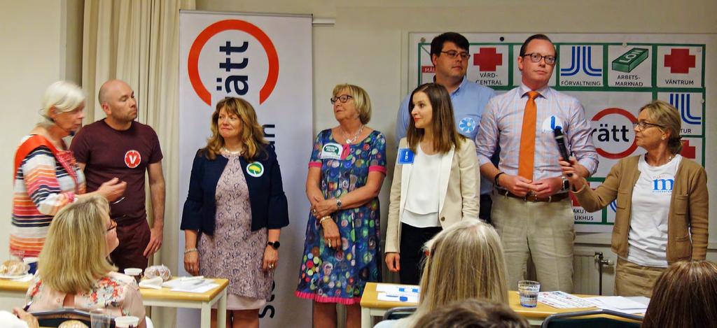Från vänster: ordförande Annika Hässler, Petteri Louhema (V), Susanne Nordling (MP), Ellinor Moberg (C), Ella Bohlin (KD), Msciwoj Swigon (SD), Daniel Forslund (L) och Pia Helleday (M).