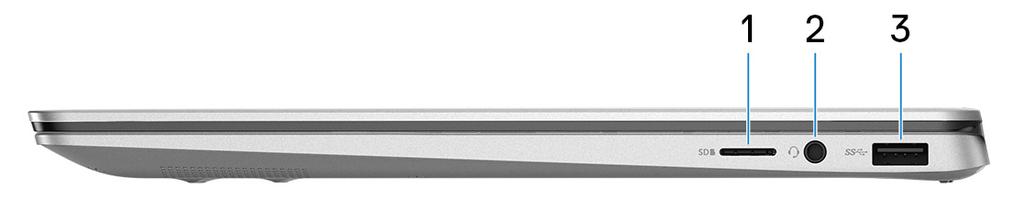 3 Vyer av Inspiron 7386 Höger 1 microsd-kortplats Läser från och skriver till microsd-kortet. 2 Headsetport Anslut hörlurar eller ett headset (kombination med hörlurar och mikrofon). 3 USB 3.