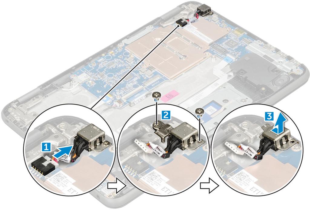 Installera strömkontaktporten 1 Skjut in strömkontaktporten i öppningen på datorn. 2 Sätt tillbaka de två M2x3-skruvarna som håller fast strömkontaktporten i datorn.