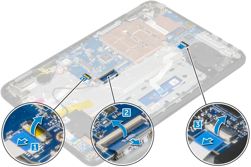 3 Byt ut skruvarna (M2.0x3.0, M.2.0x2.0) som håller fast metallfästet på datorn. OBS: Fäst tejpen som håller fast högtalarkabeln på metallfästet. 4 Anslut kabeln för pekskivan.