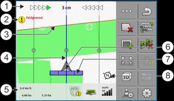 Fältgräns Styrlinje Räknare och statusinformation Pil som symboliserar GPS mottagarens position. Arbetsbalkar Kompass Styrlinjer Styrlinjerna är hjälplinjer som hjälper dig att köra parallellt.