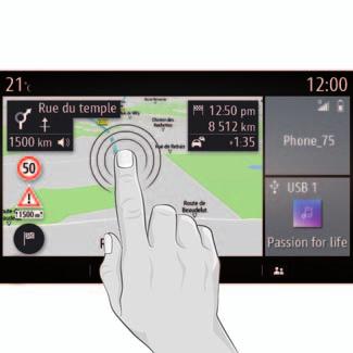 användning (1/3) Meny Navigation Radio Media, Telefon A A B Inställningar Hjälp Meny Nicolas Nicolas Multimediaskärm Förflytta sig i en meny Multimediaskärmen kan användas för att komma åt systemets