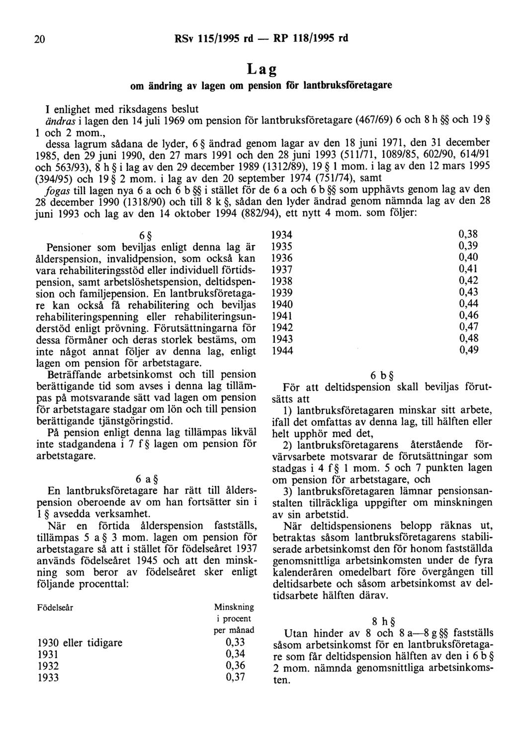 20 RSv 115/1995 rd - RP 118/1995 rd Lag om ändring av lagen om pension for lantbruksforetagare I enlighet med riksdagens beslut ändras i lagen den 14 juli 1969 om pension för lantbruksföretagare (