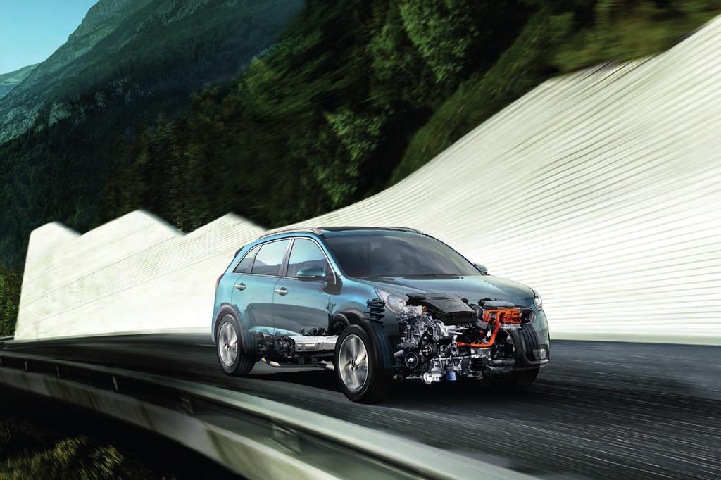 Niro Hybrid ECO-KÖRNING SOM DRIVS AV TVÅ HJÄRTAN Niro använder ett parallellt hybridsystem som växlar mellan bensin- och eldrift eller en kombination av båda, där batteriet laddas så snart det är