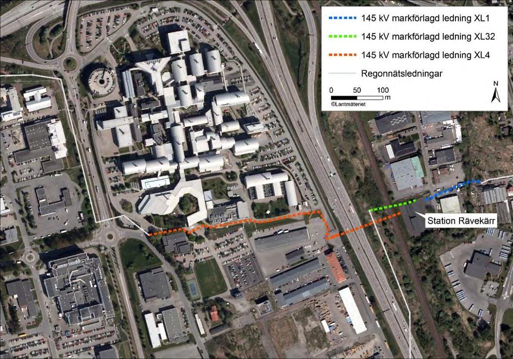 4 Beskrivning av befintlig ledning 4.1 Ledningssträckning 4.1.1 XL1 Ledningen är förlagd i rör under parkeringsytor från transformatorstationen Rävekärr och österut.