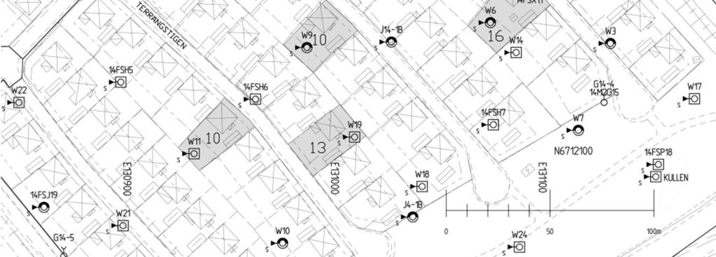 Växterna kom från nio olika fastigheter enligt figur 7.2. och tabell 7.1. Figur 7.2. Fastigheter varifrån växter analyserats markerat i grått och med gatunummer. I tabell 7.