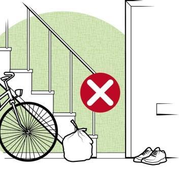 Därför är det inte är tillåtet att ställa barnvagnar eller liknande, eller lägga ut lådor, möbler, mattor och några andra föremål på golven i trapphus och trappuppgångar, samt i källargångar och