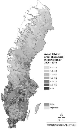 Figur 5 Skogens medeltillväxt (m 3 sk/ha/år) under perioden 2006-2010 på produktiv skogsmark i Sverige (Skogsdata, 2013).