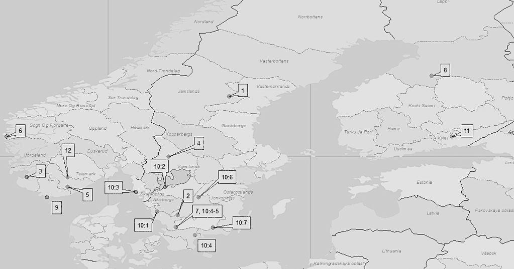 De inkluderade försöken i metaanalysen är utförda på olika platser i Skandinavien och deras geografiska läge visas i figur 6. Figur 6 Försöksområdena i metaanalysen.