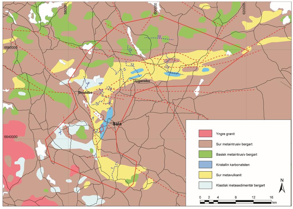 Figur 1. Projektområdet Sala-Jugansbo inom röd ram. Bakgrunden är berggrundsytor i skala 1:1 miljon enligt SGUs databas.