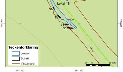 Utsnitt ur digitala Fastighetskartan. Skala 1:2 000. Lokal 18, km 19/000 19/100 Lokalen omfattade skogsmarken öster om Lånstaåsen och berörde mark både öster och väster om väg 56.