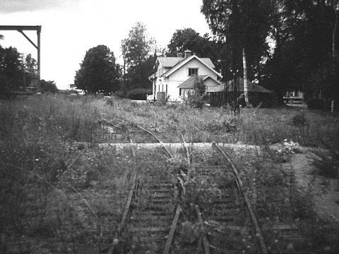 Vadstena bangård 1979, innan museiföreningen kommer in och räddar kulturarvet. Som synes är området övergivet och helt igenväxt.