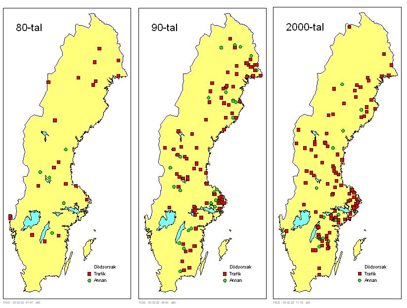 Även i Sverige finns det en tendens till att fler hanar än honor dör i trafiken och att de flesta trafikdödade uttrar kommer in från områden med hög trafikintensitet (Figur 1).