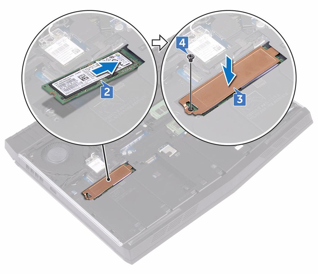 4 Sätt tillbaka skruven (M2x3) som håller fast SSD-enheten och SSD-enhetens