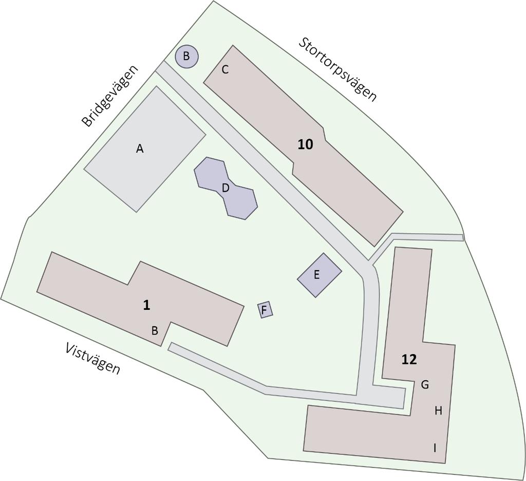 ÖVERSIKTSKARTA BRF BANJON A: Parkeringsdäck B: Restavfall C: Cykelförråd D: Miljöhus E: