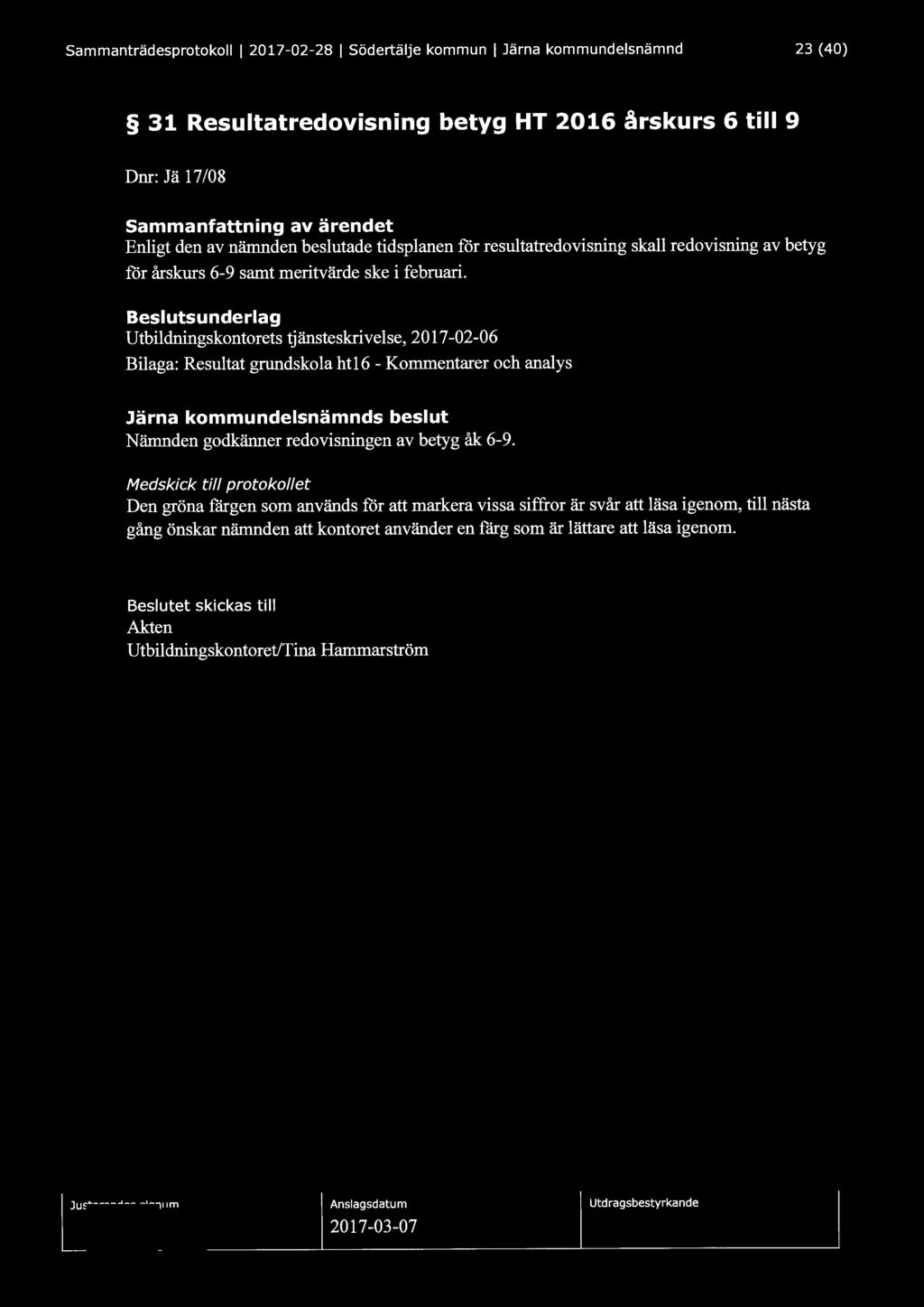 Sammanträdesprotokoll l 2017-02-28 l södertälje kommun l Järna kommundelsnämnd 23 (40) 31 Resultatredovisning betyg HT 2016