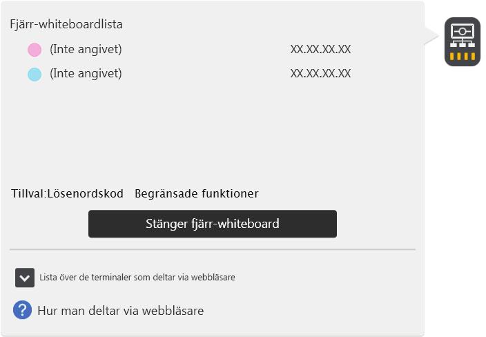 Kontrollerar status för den fjärrstyrda whiteboardtavlan Kontrollerar status för den fjärrstyrda whiteboardtavlan När du trycker på ikonen Dela, under en fjärrstyrd whiteboardsession kan du