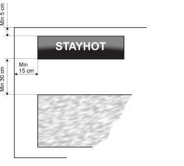 Montering / Elanslutning / Skötsel rengöring Montering STAYHOT är som standard utrustad med justerbara vinklar för montering under hylla eller i kedja från tak.