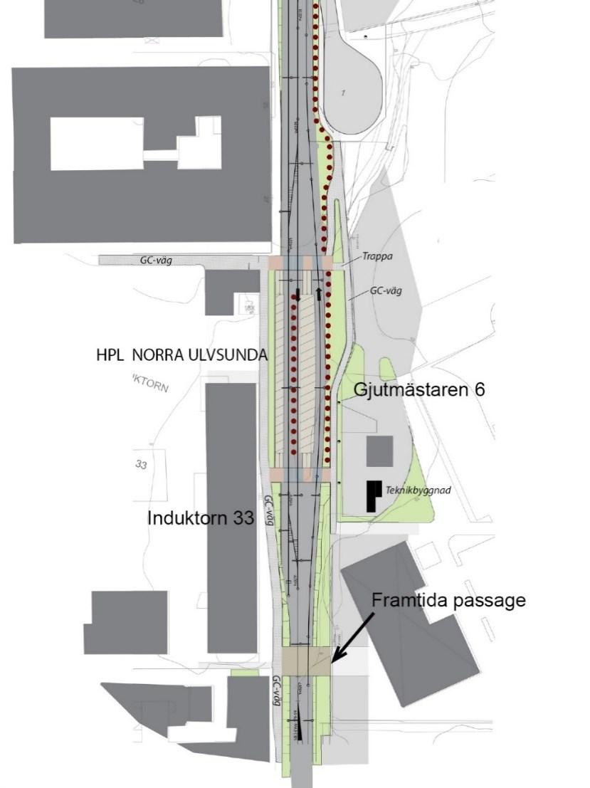 Öster om spårområdet, intill hållplats Norra Ulvsunda, löper en gång- och cykelväg på fastigheten Gjutmästaren 6 (se bild 2).