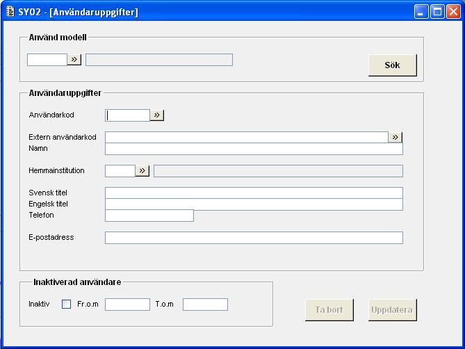 14 11.2 SY02A31G Användaruppgifter 1) Hjälptext SY02A31G Användaruppgifter Senast uppdaterad: 2013-03-11 Lägg in/ändra Användarkod, Namn och Hemmainstitution är obligatoriska uppgifter.
