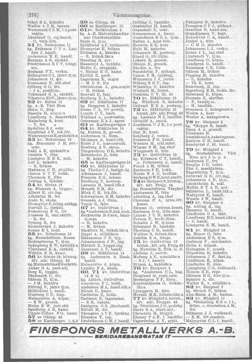 [216J Västmaunagatau. Scbyl s A, änkefru -.59 se Odeng. 68 Fröling J, bankdir. Fahlgren B, änkefru Wallin A r H barnm, 60 se Karlbergav. 22 Grafström H, handl.