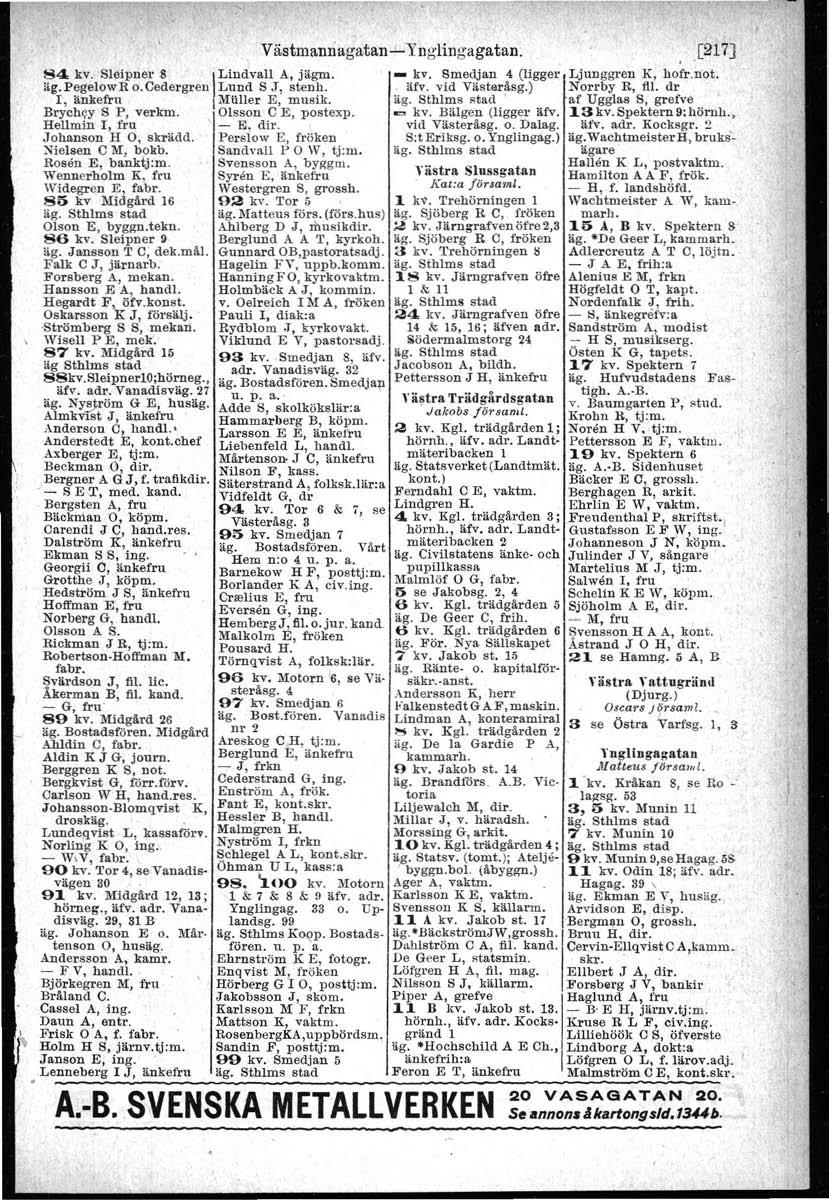84 kv. sieiprier 8 \LindVall A, jägm. äg.pegelowr o.cedergren Lund S J, stenh. I, änkefru jl\hiller E, musik. Brychcy S P, verkm. Olsson' C E, postexp. Hellmin I, fru -, - E. dir.