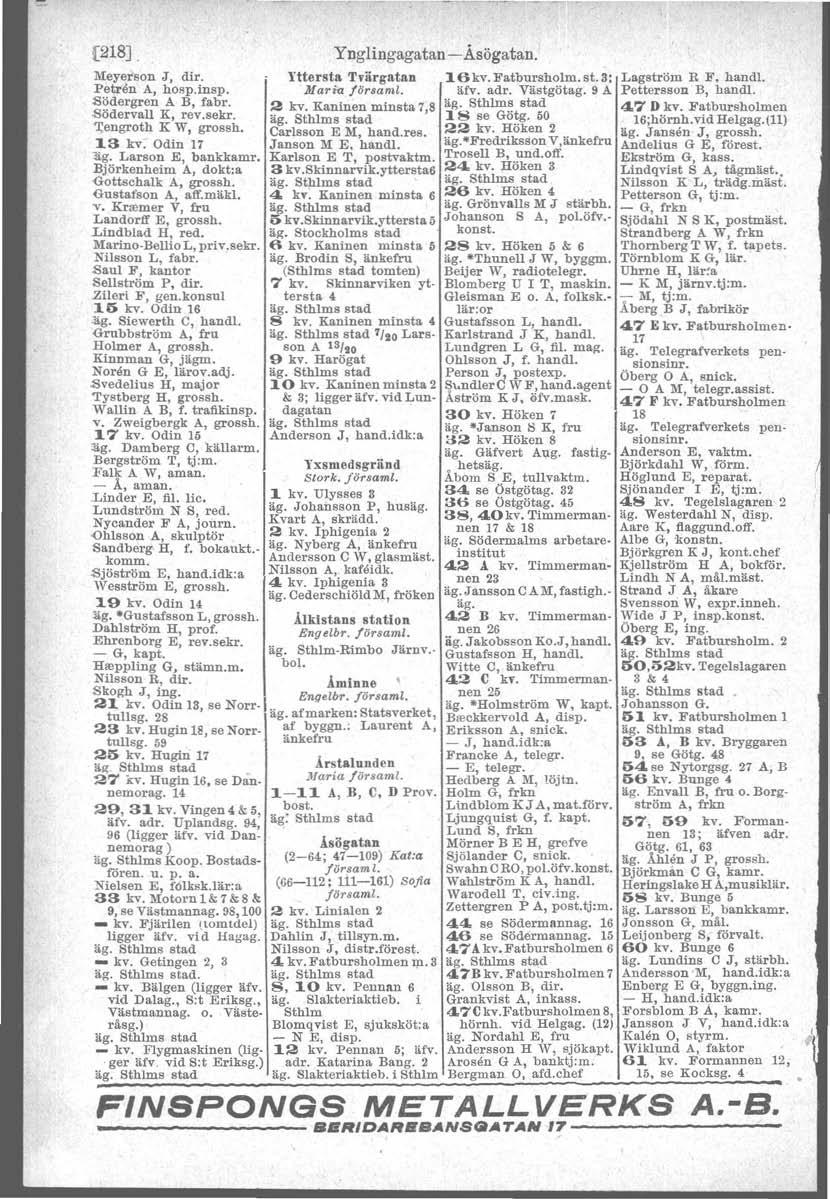[218J. M.eye,rson J, dir. Patren A, hosp.insp. Södergren A B, fabr. Södervall K, rev.sekr. 'i;engroth K W, grossh. 13 kv~ Odin 17 :äg. Larson E, bankkamr, Björkenheim A, dokt:a Gottschalk A, gros sh.