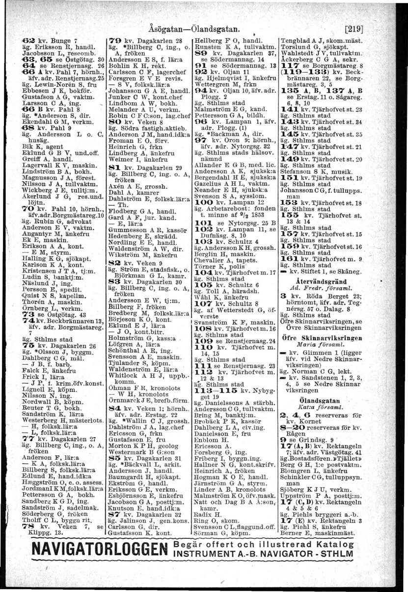", 62 kv. Bunge 7 äg. Eriksson R, handl. Jacobsson L, reseomb. 63, 65 se Östgötag. 30 64,sel Renstjernasg, 26 66 A kv, Pahl 7, hörnh., äfv. adr. Renstjernasg.25 äg. Lewin-Noren S.