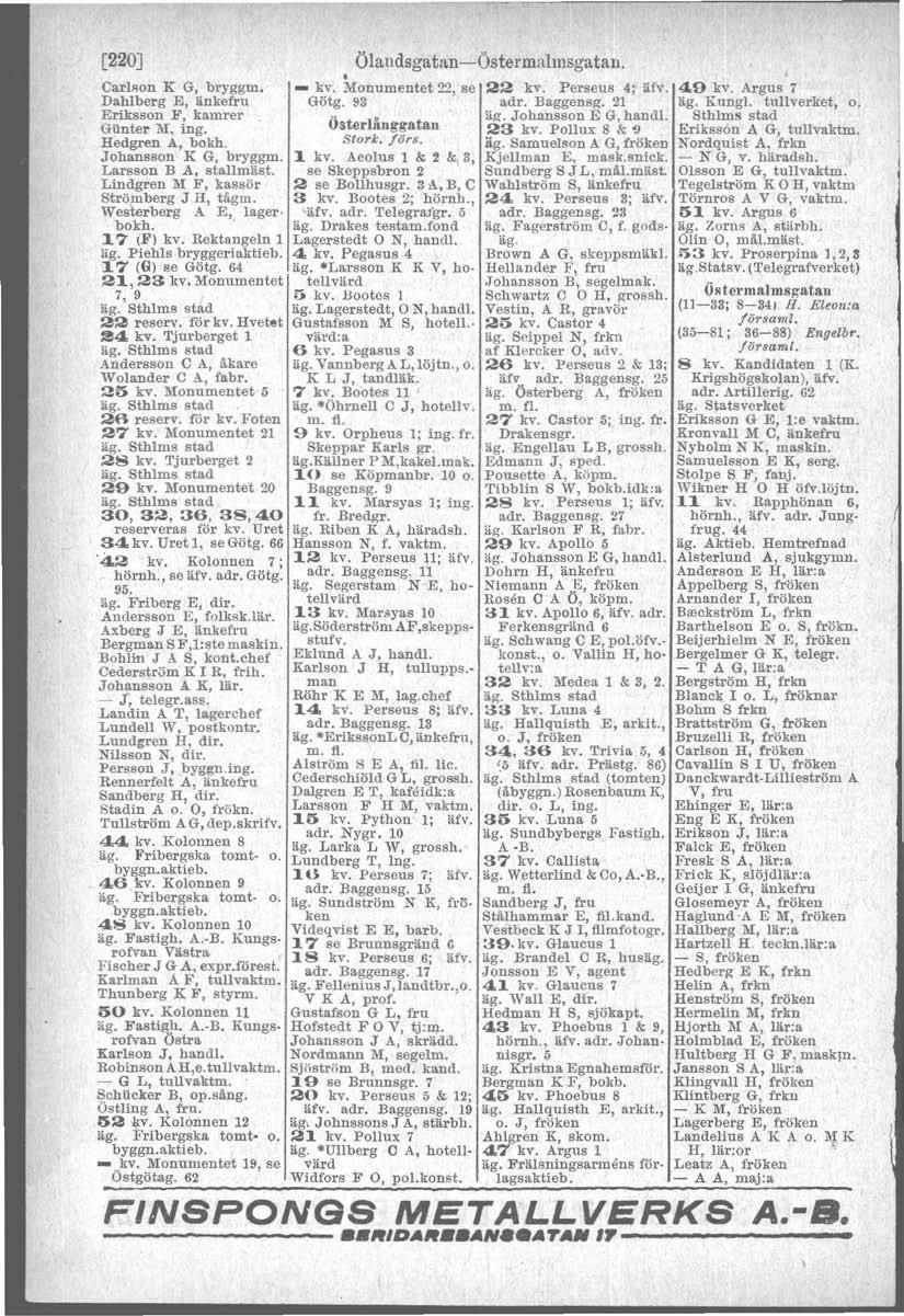 [220J Carlson K G, bryggm, Dahlberg E, änkefru Eriksson F. kamrer Giinter M, mg. Hedgren A, bokh. Johansson K G, bryggm, Larsson B A, stallmäs,t. Lindgren M F, kassör Strömberg J n, tågm.