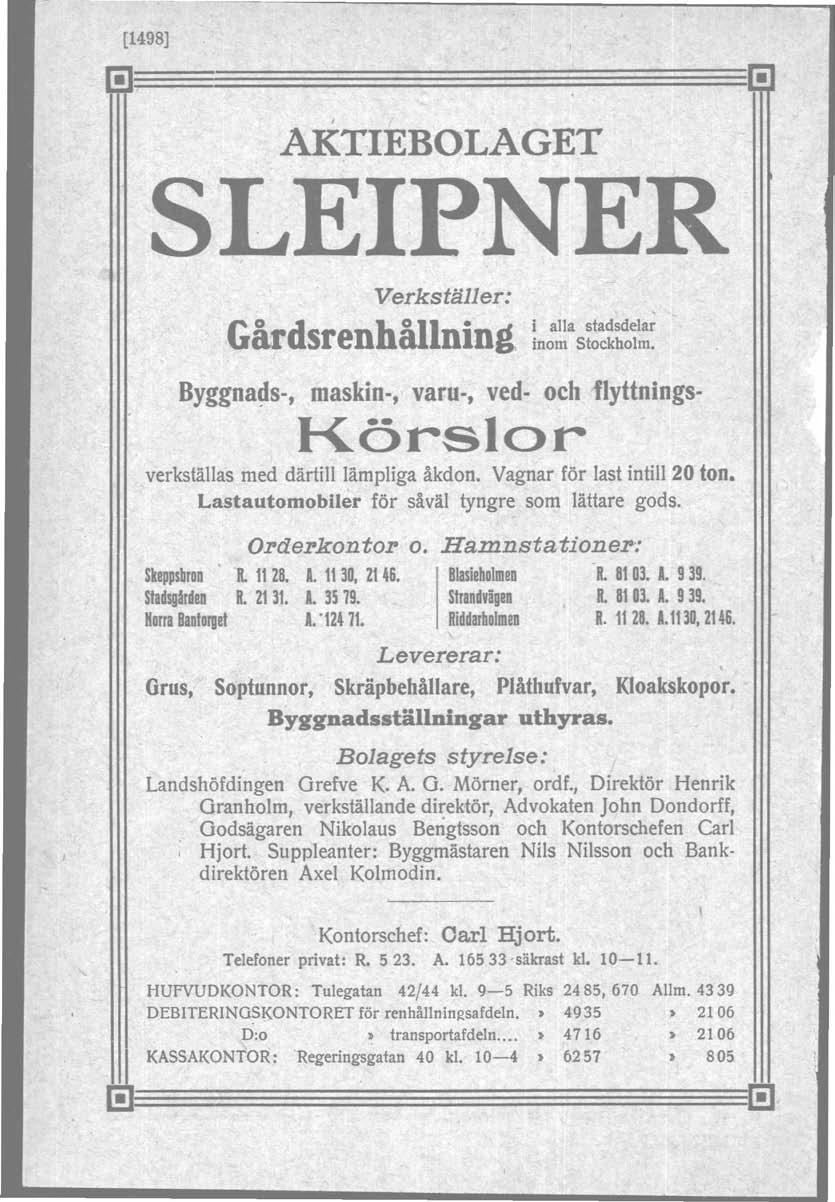 [1498] I AKTIEBOLAGET I SLEIPNER Verkställer: i alla stadsdelar Gårdsrenhållning, inom Stockholm. Byggna~s-, maskin-, varu-, ved- och flyttnings- Körslor verkställas med därtill lämpliga åkdon.