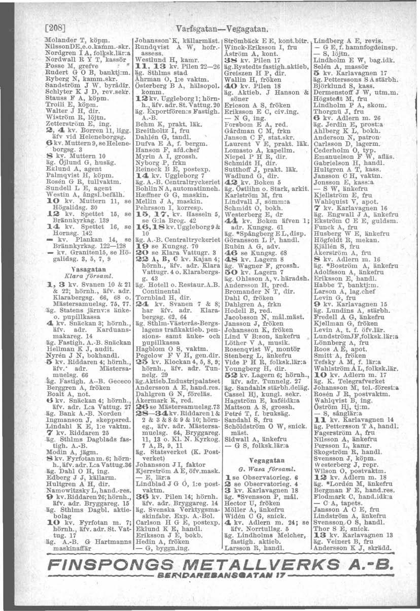 [208J Molander T, köpm. NilssonDE,e. o.kafum. skr. Nordgren l A, folksk.lär:a Nordwall R Y T, "kassör Posse M, grefve ': E1' Rudert Q- O B, banktj:m. Ryberg N, kamm.skr. Sandström J W. byrädir.