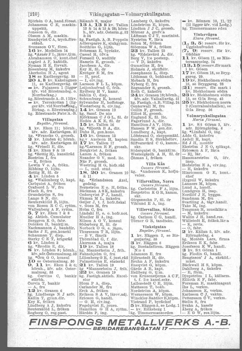 '[210] Vikingagatan-«Volmaryxkullsgatan. Björken O A,hand,före~t. Rålamb'S, major.,lamberg O"änkefru' Johansson C E, rnaskin- 13 Å, 13 B kv. Tall~n Lindström E, köpm. uppsätt.