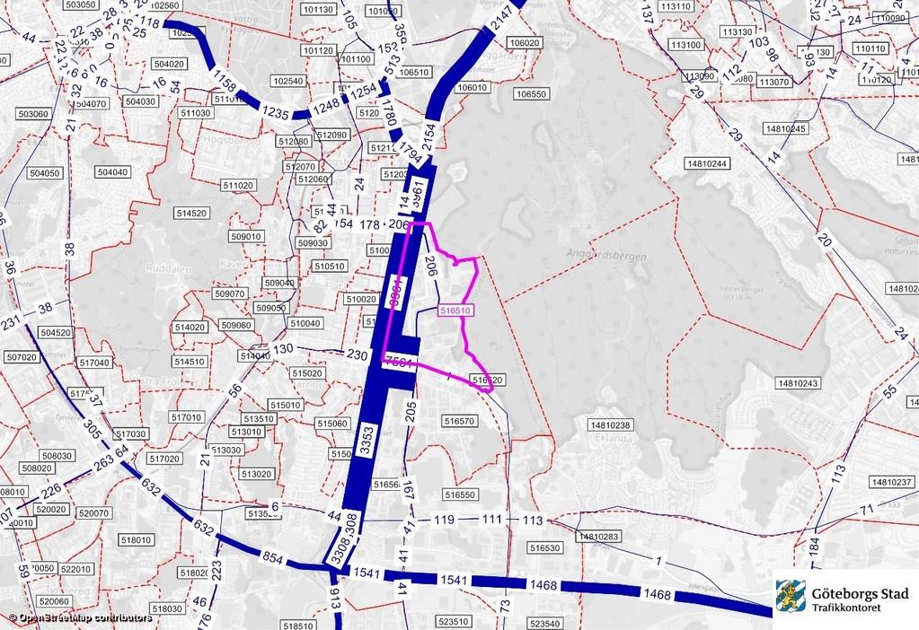 Trafikflödesfördelning Riktningsfördelning för resor till och från det aktuella området antas bli samma som idag. Underlaget har hämtats från Trafikkontorets analysmodell Visum.