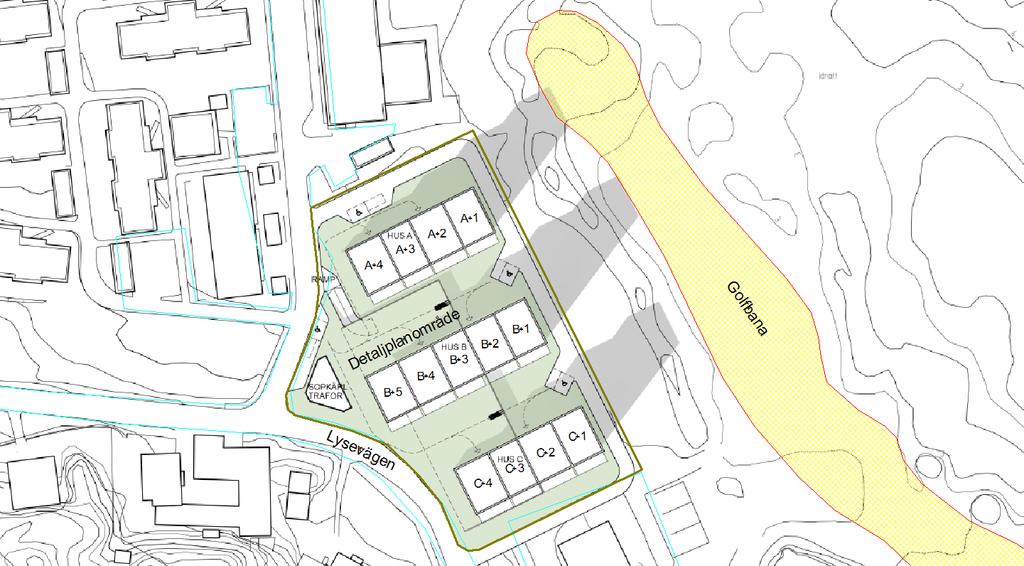 Figur 1 - Situationsplan med planområde och planerad bebyggelse. Ungefärligt läge på närmaste delen av golfbanan är inritad på bilden.