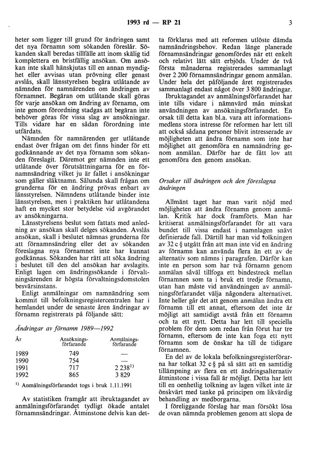 1993 rd - RP 21 3 heter som ligger till grund för ändringen samt det nya förnamn som sökanden föreslår. Sökanden skall beredas tillfälle att inom skälig tid komplettera en bristfällig ansökan.