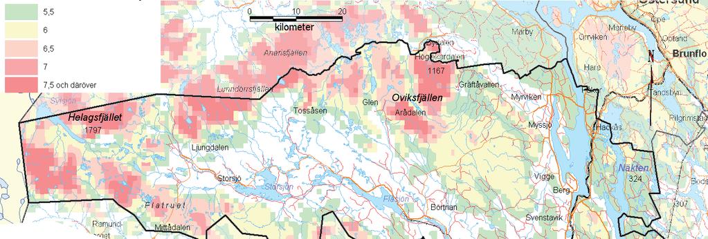 Årsmedelvind m/s Karta 2. Vindenergergi på 70 m höjd Tillägg till Bergs översiktsplan 1991 Riksintresse vindkraft enl EM Ju varmare färg, desto mer blåser det.