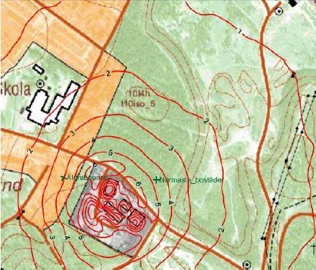 Figur 1. Här redovisas det beräknade haltbidraget av väteklorid som 98-percentil för timmedelvärden under ett år vid maximalt tillståndsgiven produktion. Enhet:µg/m 3.
