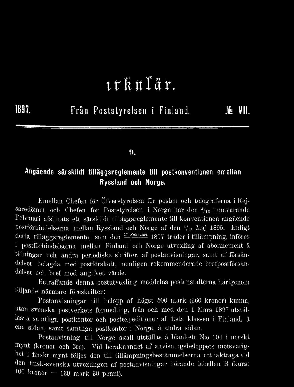 konventionen angående postförbindelserna mellan Ryssland och Norge af den 4/ie Maj 1895.