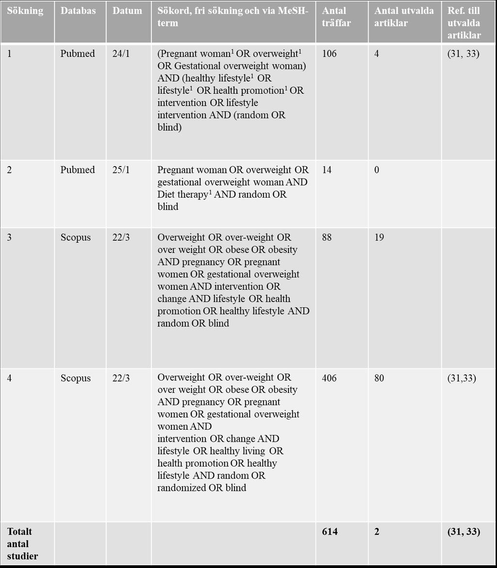 Tabell 4. Beskrivning av litteratursökningen.