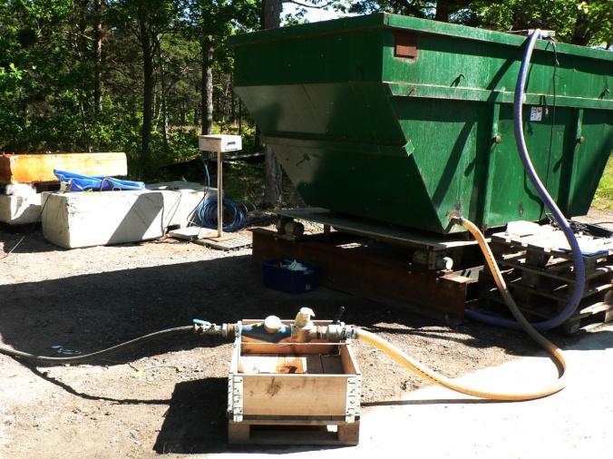 Containern är placerad på en plåtplatta som står på fyra givare till den digitala vågen och är utrustad med en öppning vid botten för tilloppet samt med en för utloppet, på andra sidan, som ligger i