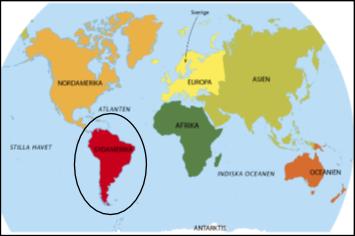 Sydamerika Sydamerika ligger till sydväst på kartan, alltså längst ned till vänster. Mer än hälften av världsdelen har ett tropiskt klimat, vilket betyder att det är väldigt varmt och fuktigt där.