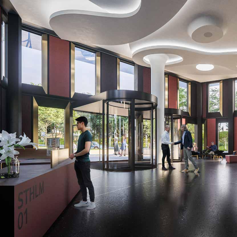 Nya möten från entrén och ända upp till himlen. På den västra delen av området välkomnar Sthlm 01 alla till en ny arbetsdag. Redan utanför skyskrapan kommer kvarterets nya mötesplats att finnas.