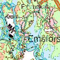Em2. Emån, Emsfors Datum: 29-1-2 Kommun: Mönsterås Koordinat: 633522/15392 5-15 m uppströms bron på norra sidan. Den röda markeringen visar lokalens läge.