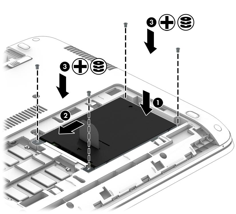 3. Dra åt hårddiskskruvarna (3). 4. Sätt tillbaka serviceluckan (se Sätta tillbaka serviceluckorna på sidan 49). 5. Sätt i batteriet (se Sätta i ett batteri på sidan 39). 6.