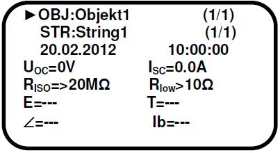 Solarmex 1000 MEM 13 Standardmätningsdisplay Standardmätningsdisplay med minnesfunktion. Vid mätningar lagras resultaten. Lagrade resultat skrivs över i det aktiverade objektet och strängen.