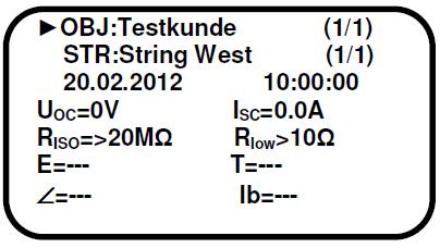 Datum / klocka Lagrade mätresultat: UOC Tomgångsspänning ISC Kortslutningsström RISO Isolationsmotstånd RLOW Lågohmsmätning E Solinstrålning (tillval med PV-sensor) T Modultemperatur (tillval med
