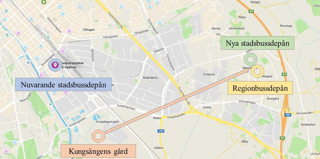 Figur 2.1. Karta som visar placeringen av Uppsalas bussdepåer, samt den pipeline som är planerad att gå från Kungsängens gård till regionbussdepån och den nya stadsbussdepån.