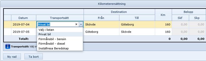 Registrera Kilometerersättning Under fliken Kilometerersättning registrerar du körda kilometer med privat bil, förmånsbil och inställelseresa vid beredskap. 1. Fyll i Datum.