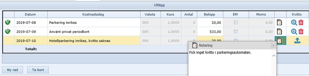 Registrera Utlägg Under fliken Utlägg registrerar du de utlägg du haft under tjänsteresan, en rad för varje utlägg. Tänk på att alltid bifoga kvitto för de utlägg du haft. 1. Ange Datum för utlägget.
